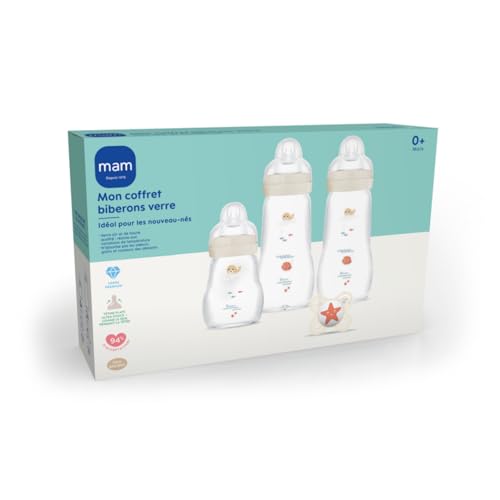 MAM klaaspudelite kinkekomplekt (3 pudelit + 1 lutt), vastsündinule, kuumuskindel klaas