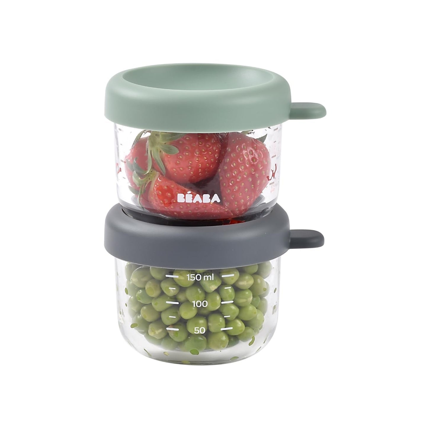 BÉABA klaasist beebitoidu säilitusnõude komplekt, 2 × 150 ml, salveiroheline/mineraal