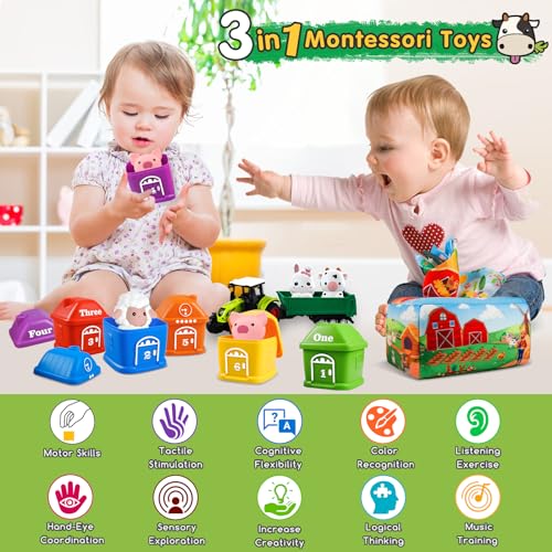 Plunack Montessori 3-ühes õpi- ja motoorikamänguasi beebidele, farmikomplekt traktoriga