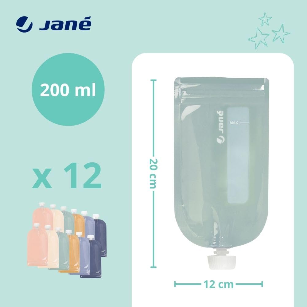 Jané korduvkasutatavad toidupüreedekotid, 12 tk, 200 ml, värvilised