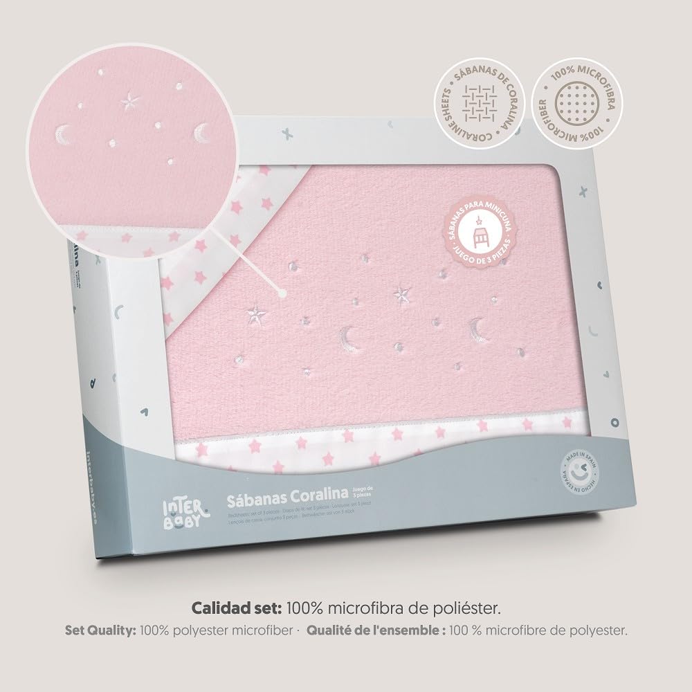 Interbaby Coralina 3-osaline beebivoodipesukomplekt, 50 × 80 cm, roosa, tähtede ja kuu mustriga