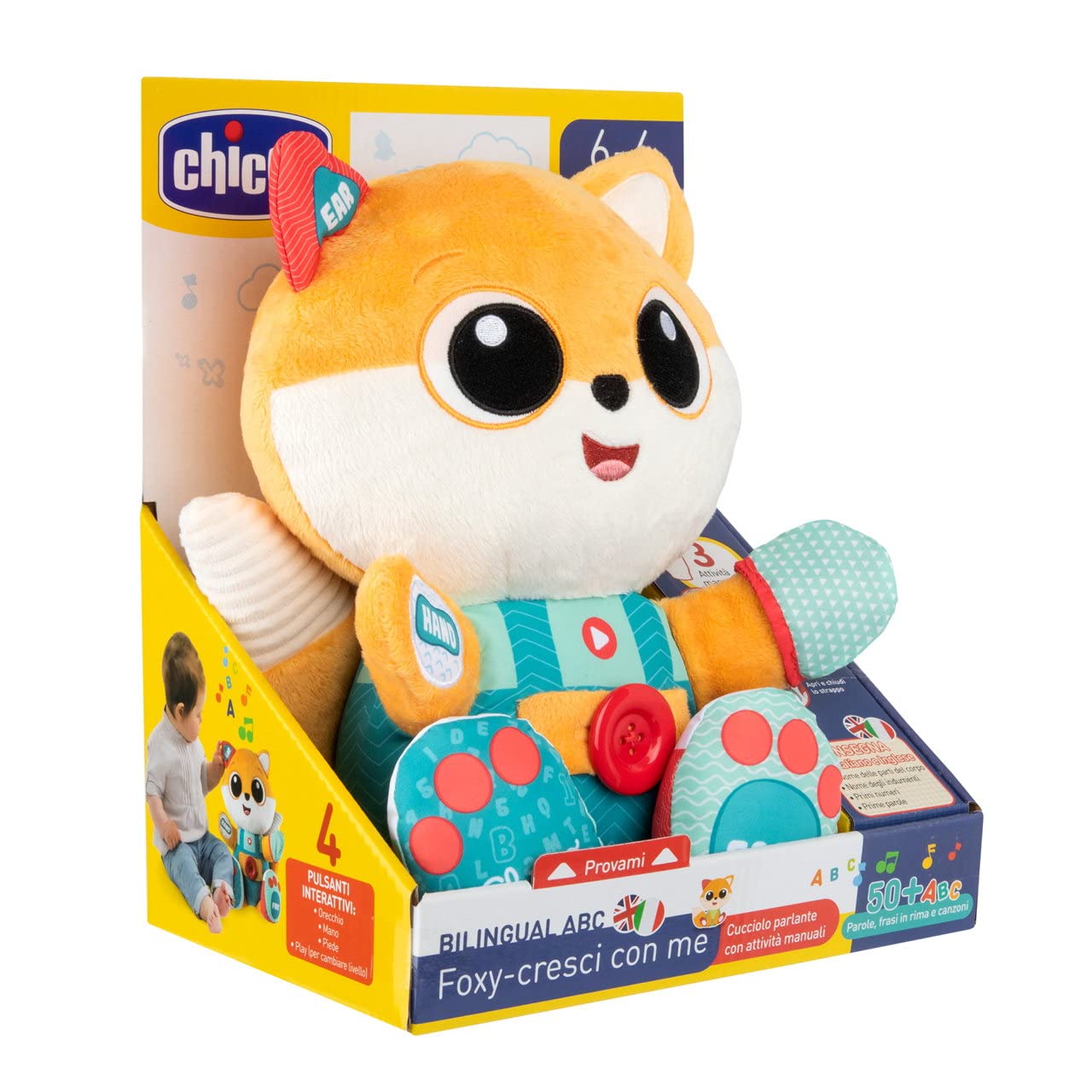 Chicco Foxy bilingual (EN/ES) interactive cuddly toy, 3-in-1 Montessori toy, 6 months – 4 years
