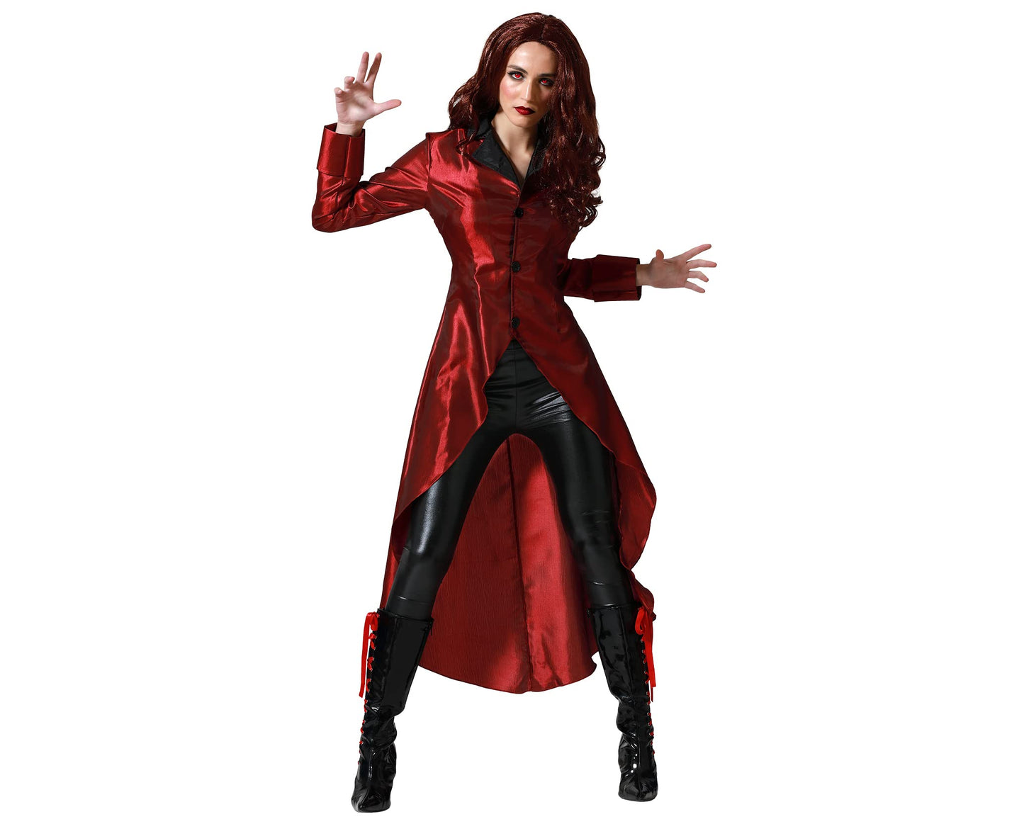 Naiste punane superkangelase kostüüm, pikk jakk, karnevaliks ja cosplayks