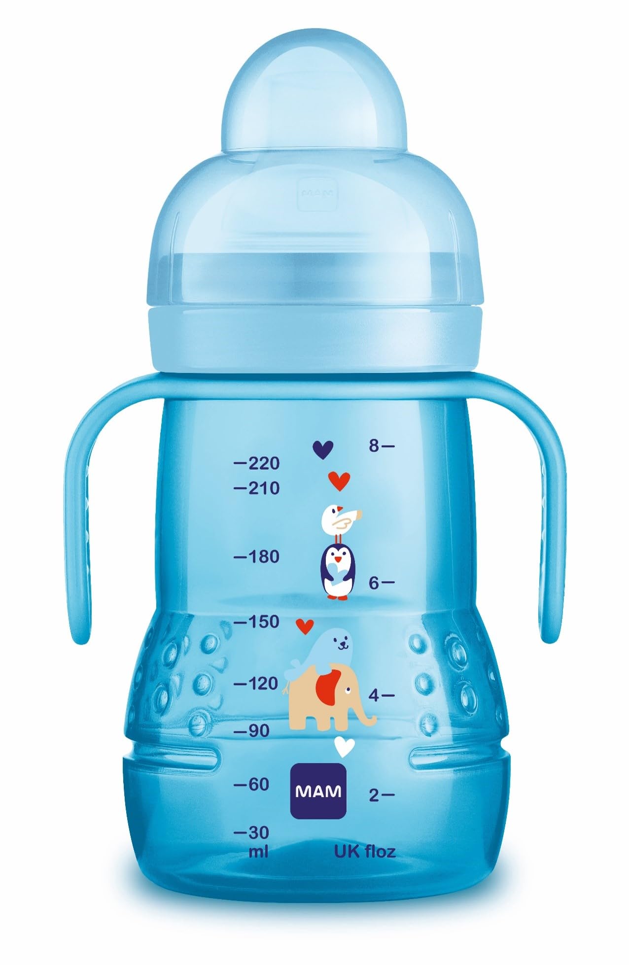 MAM 2-in-1 õpipudel ja joogitops, 220 ml, alates 4. elukuust, sinine