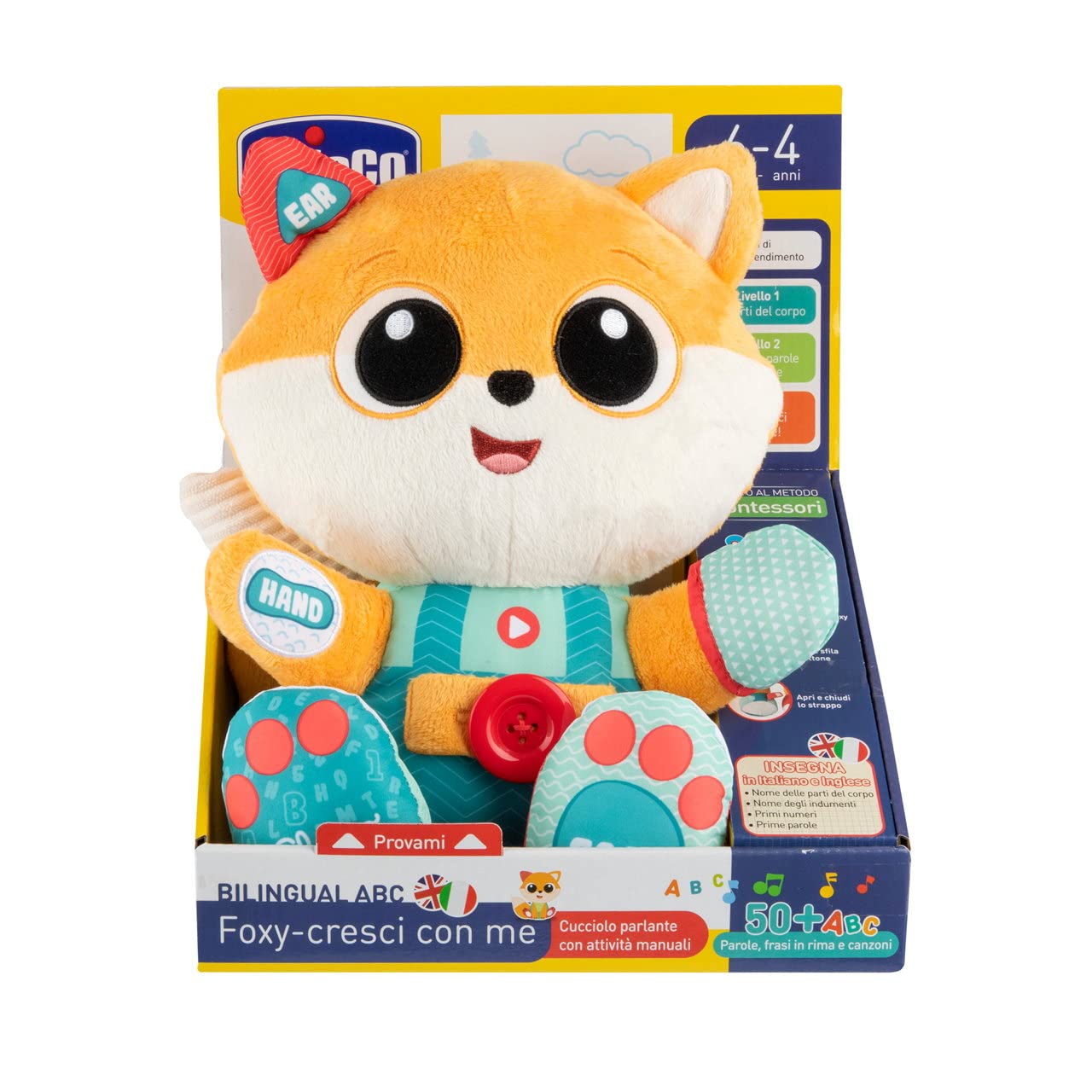 Chicco Foxy bilingual (EN/ES) interactive cuddly toy, 3-in-1 Montessori toy, 6 months – 4 years