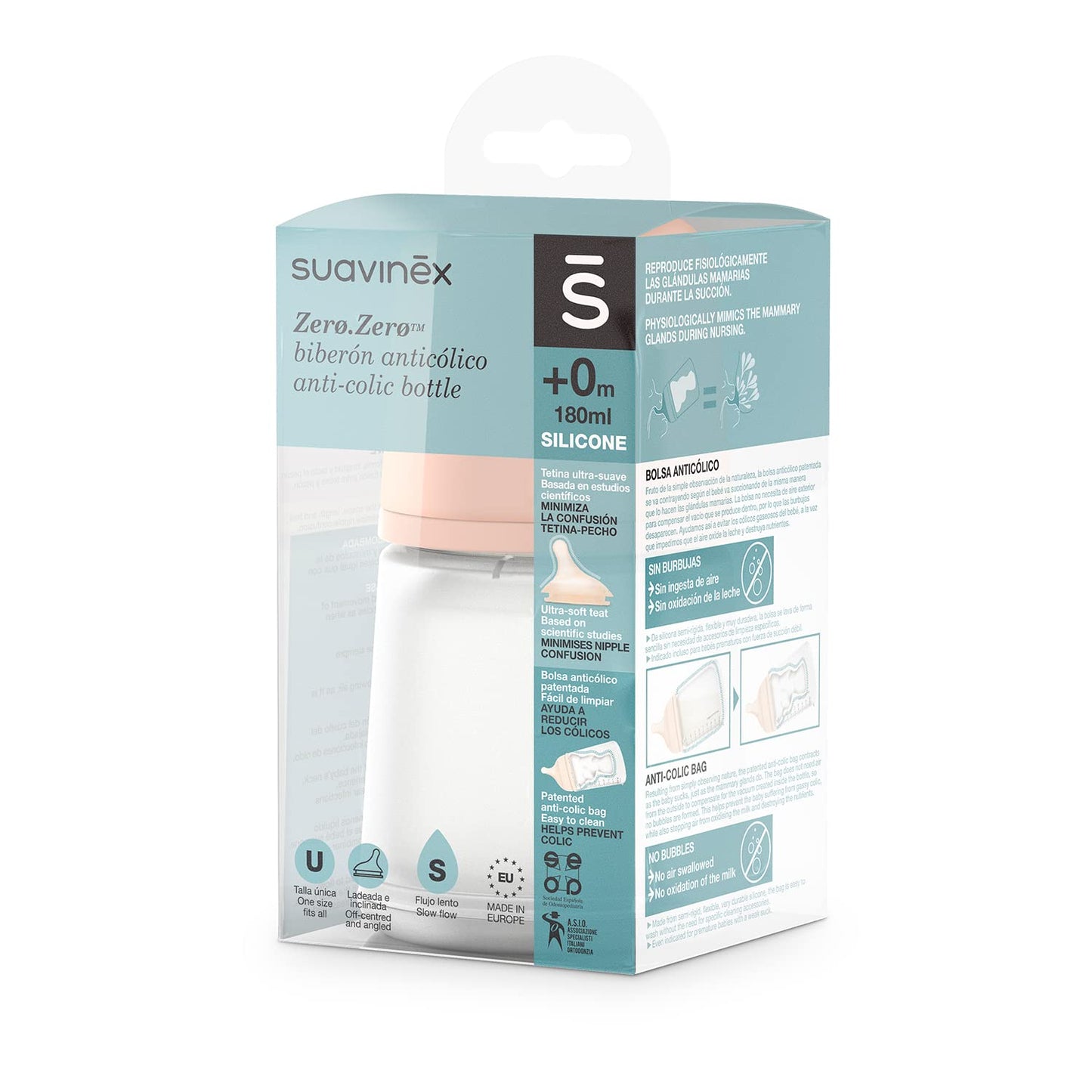 Suavinex Zero Zero vastsündinu lutipudel, 180 ml, aeglase vooluga, koolikute vastane pudel