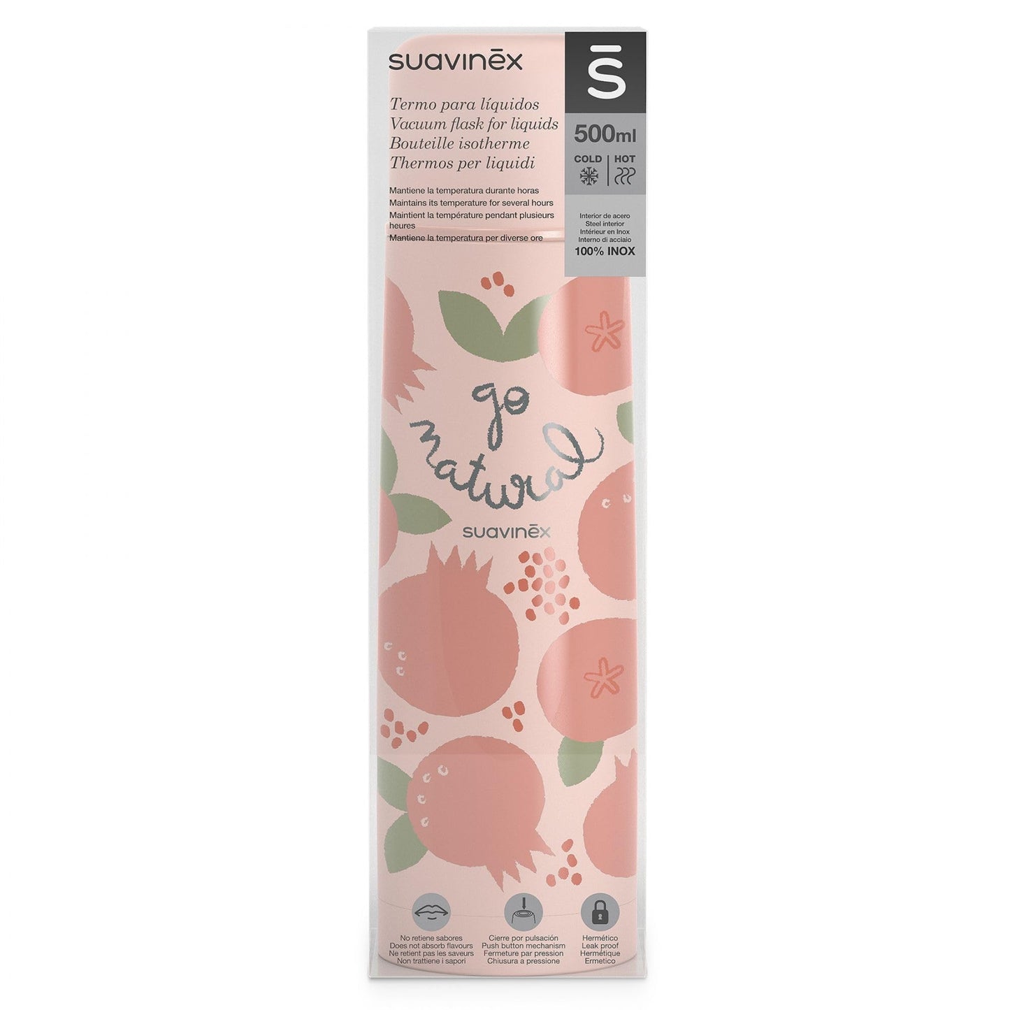 Suavinex roostevabast terasest termospudel beebidele, 500 ml, koralltoonis granaadimustri disain