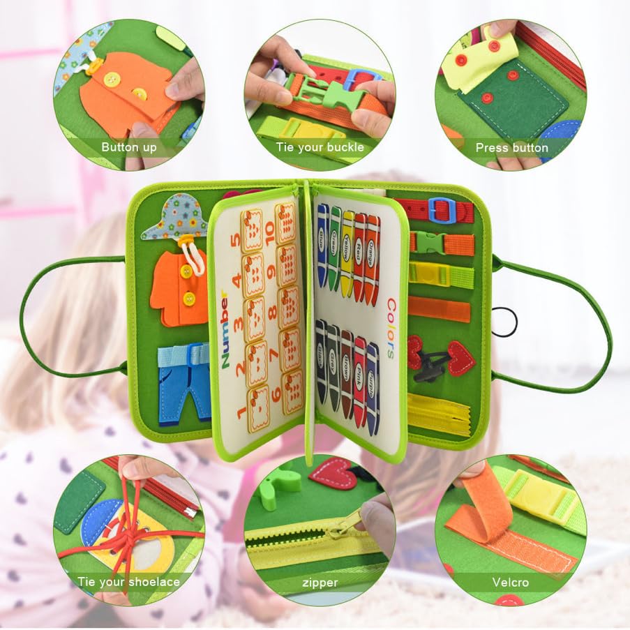 Montessori vildist Busy Board sensoorne kohver, 7 paneeli, 1–7 a lastele, roheline
