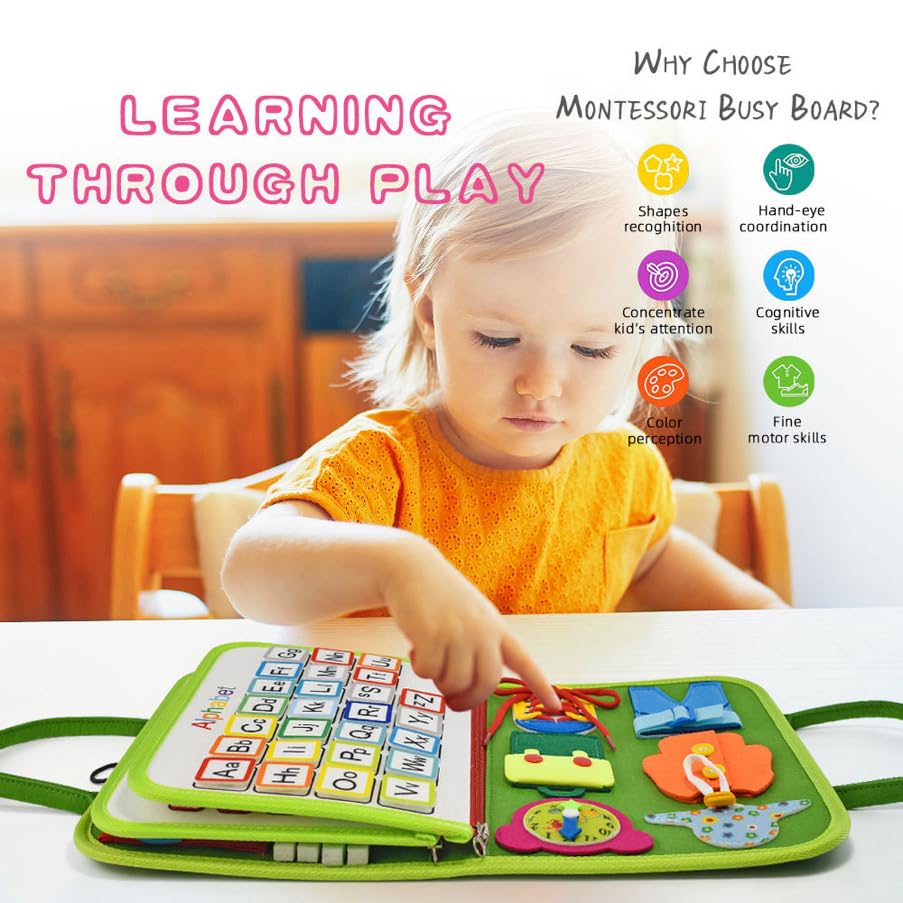Montessori vildist Busy Board sensoorne kohver, 7 paneeli, 1–7 a lastele, roheline