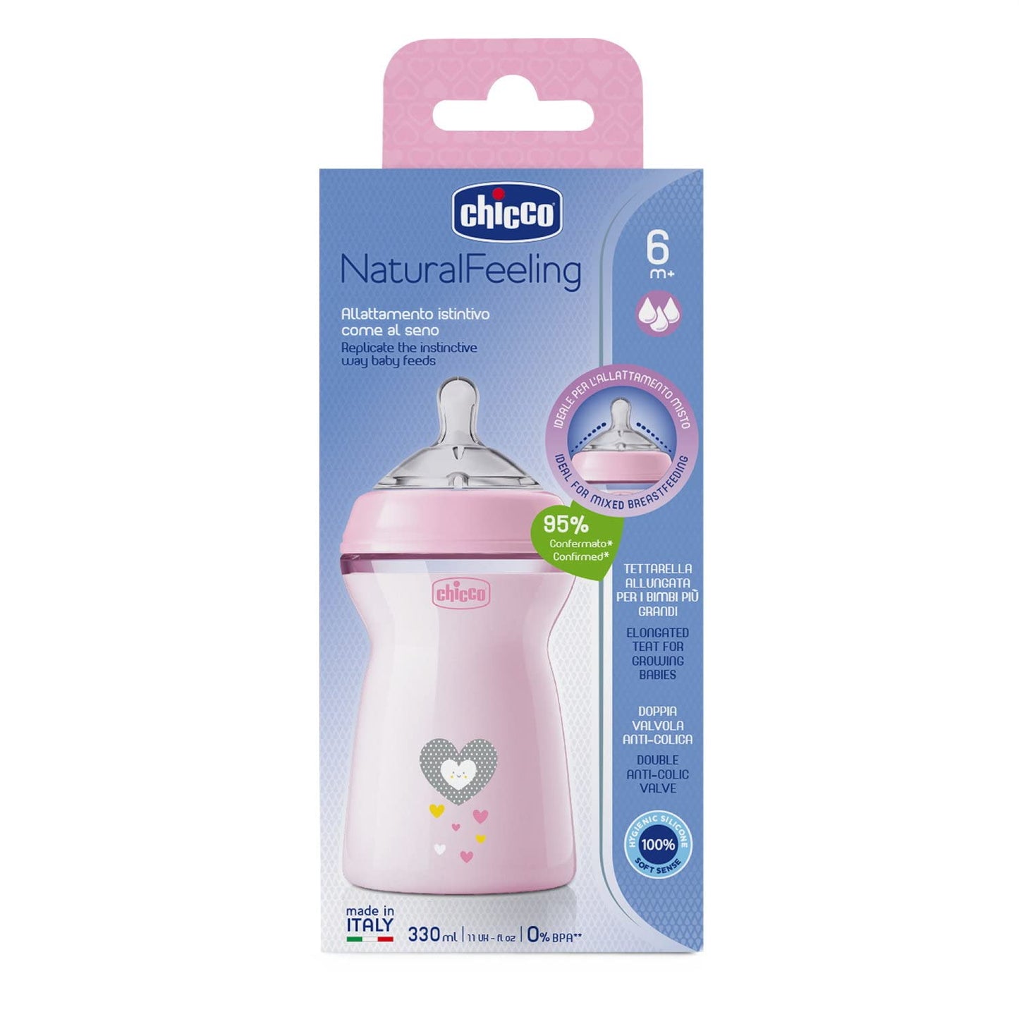 Chicco Natural Feeling pacifier bottle 330 ml, fast flow, from 6 months, pink