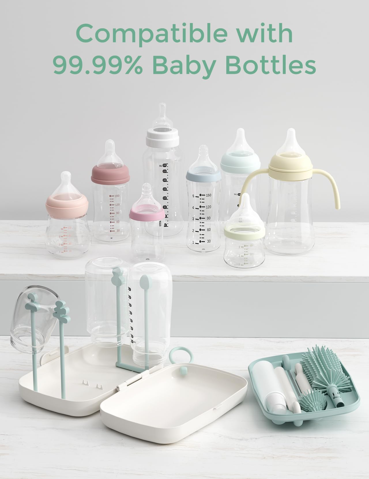 Momcozy 7-ühes beebipudelite puhastuskomplekt silikoonharjade ja kuivatusrestiga, roheline