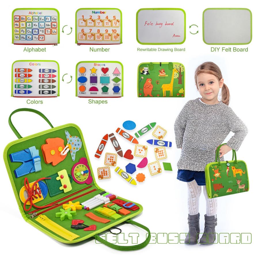 Montessori vildist Busy Board sensoorne kohver, 7 paneeli, 1–7 a lastele, roheline