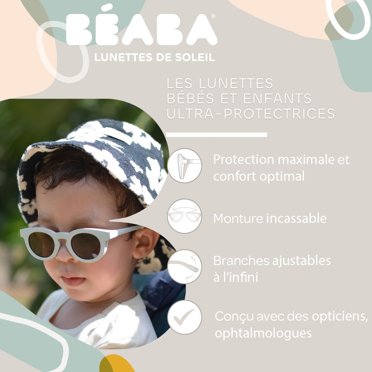BÉABA baby sunglasses 9–24 months, UV400 protection, Retro Delight Sage Green