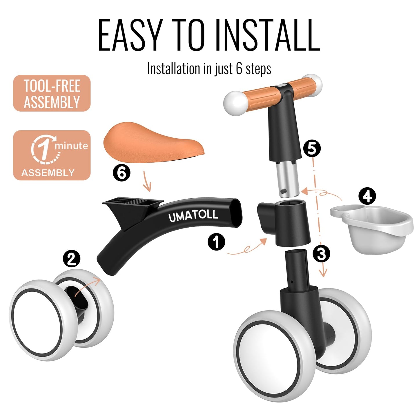 Umatoll beebide tasakaaluratas, 4 rattaga, eemaldatava korviga, must