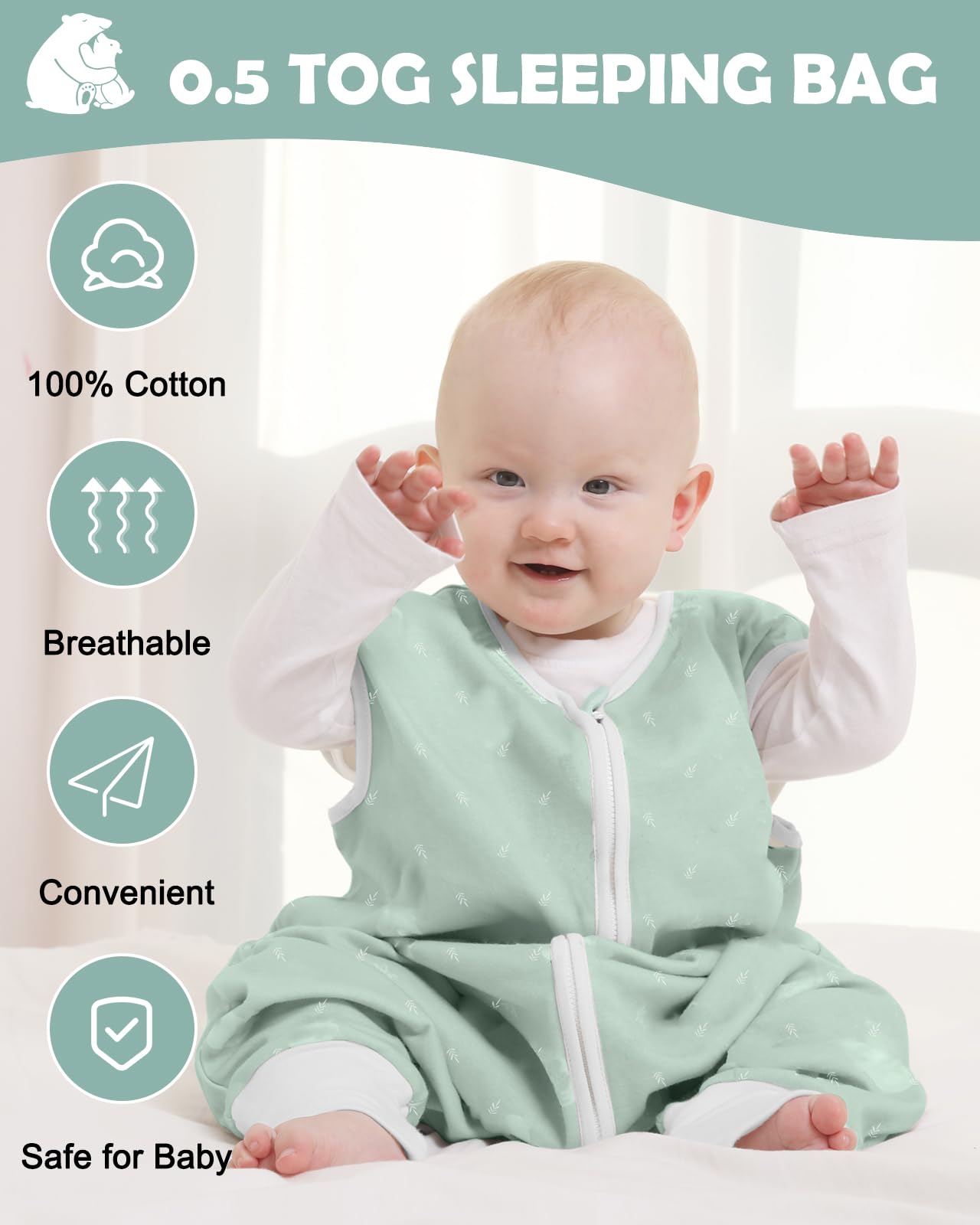 Lictin suvine beebi magamiskott jalgadega, 0.5 TOG, 100% puuvill, 3–4 aastastele