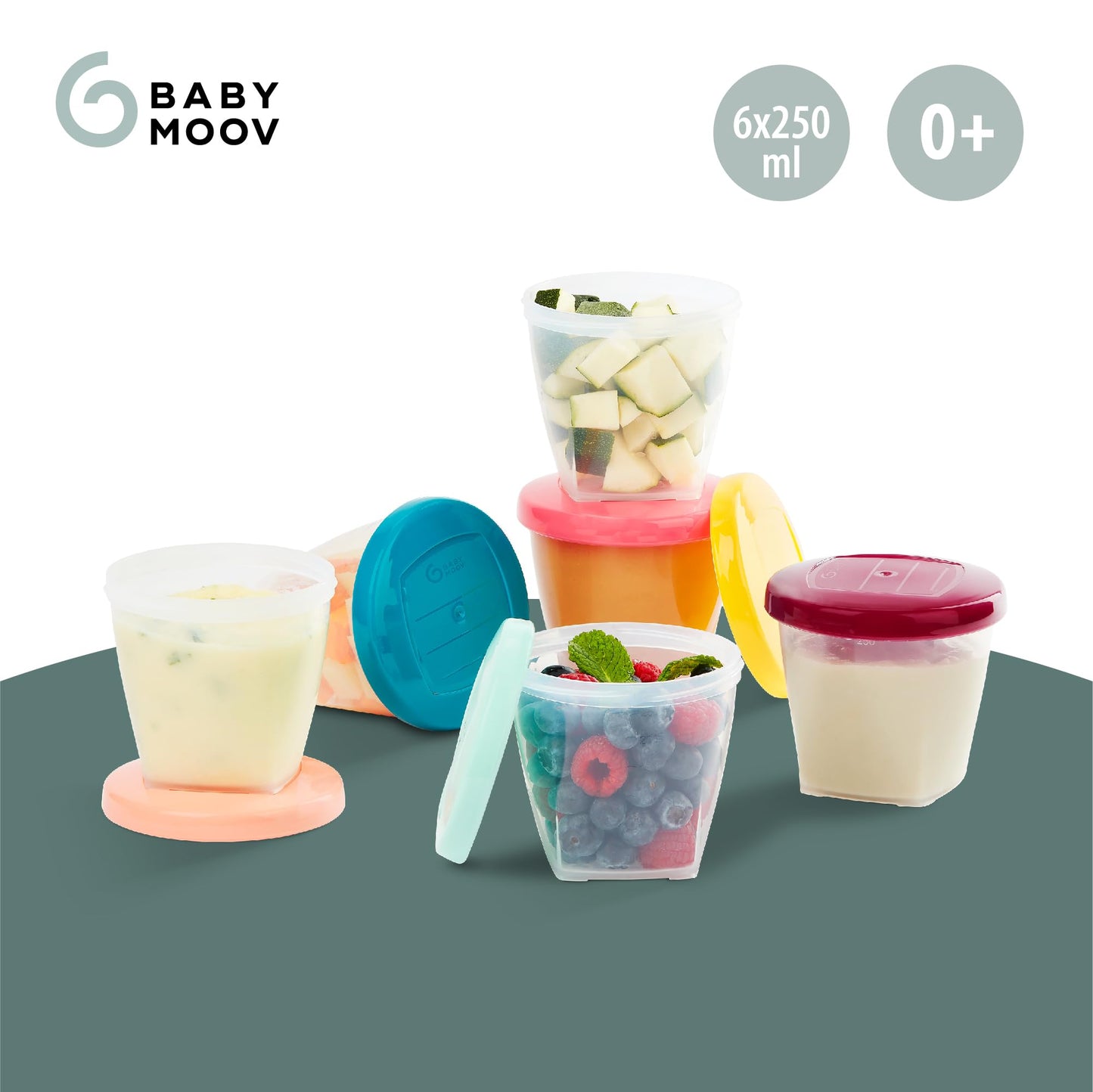 Babymoov beebitoidu säilitustopsid, 6 tk komplekt (240 ml), lekkekindlate silikoonkaantega
