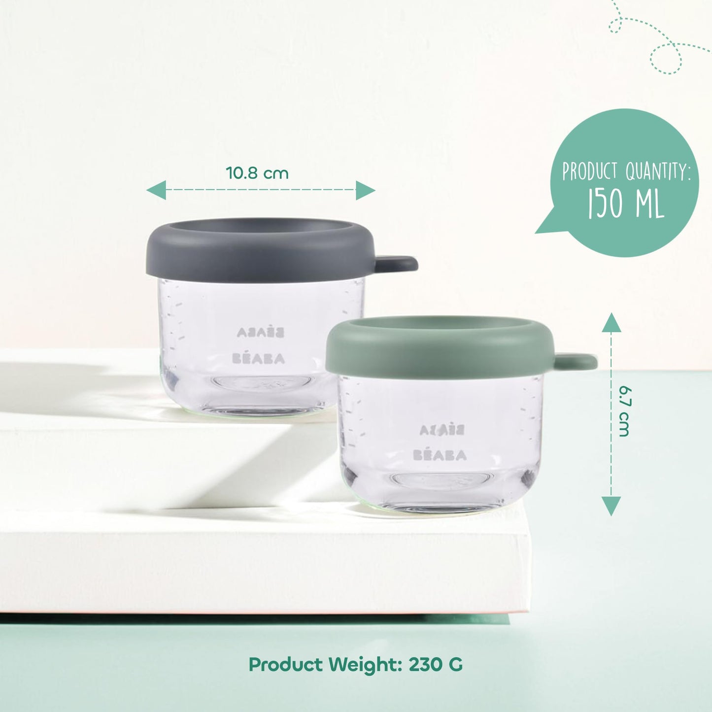 BÉABA klaasist beebitoidu säilitusnõude komplekt, 2 × 150 ml, salveiroheline/mineraal