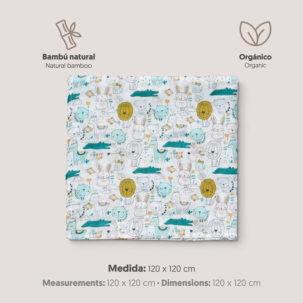 Interbaby bambusest musliintekk beebidele, 120 × 120 cm, 3 tk, loomad