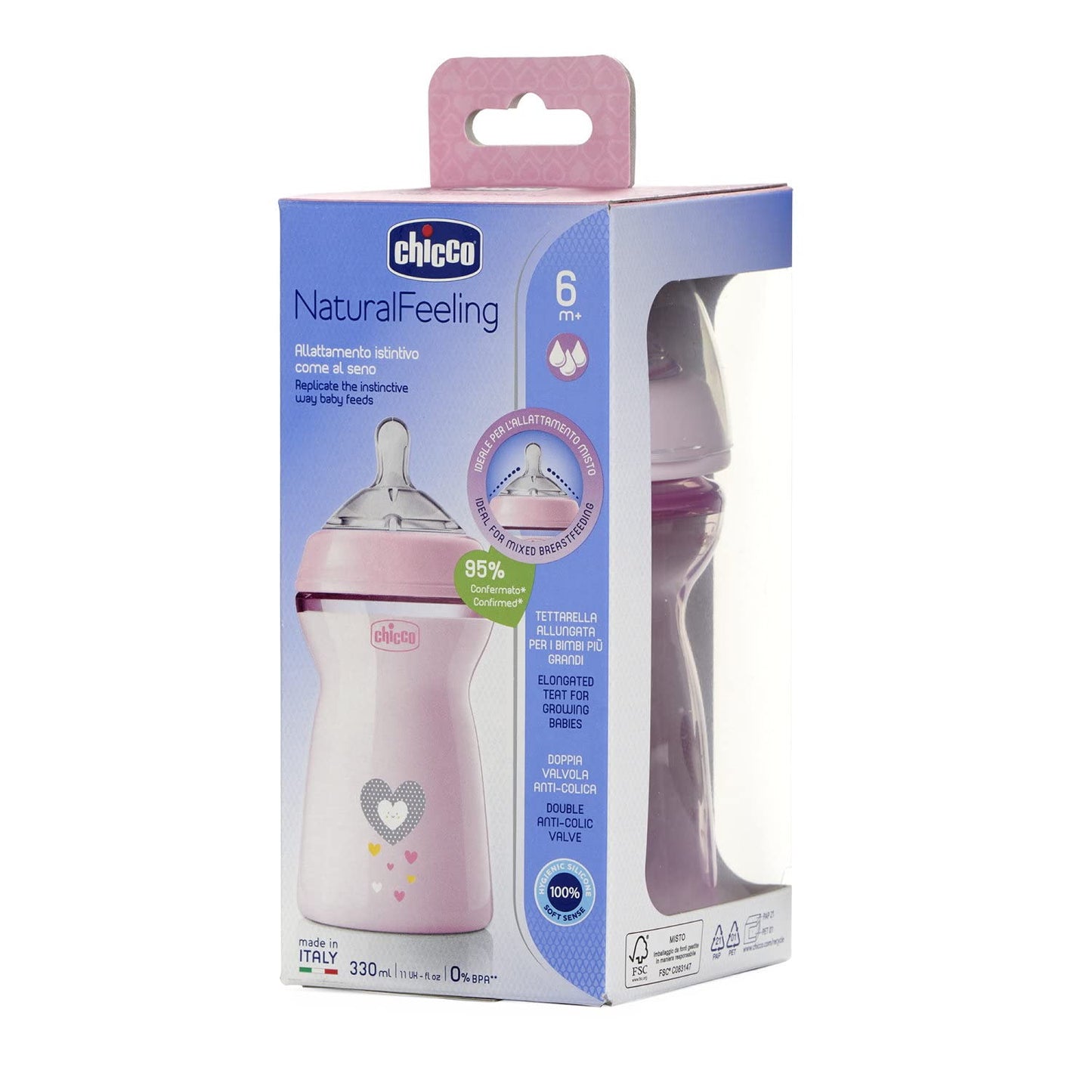 Chicco Natural Feeling pacifier bottle 330 ml, fast flow, from 6 months, pink