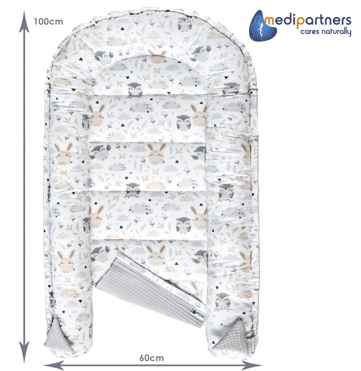 Medi Partners beebipesa kookon, 100×60×15 cm, kahtepidi kasutatav, puuvillane Waffle, hall