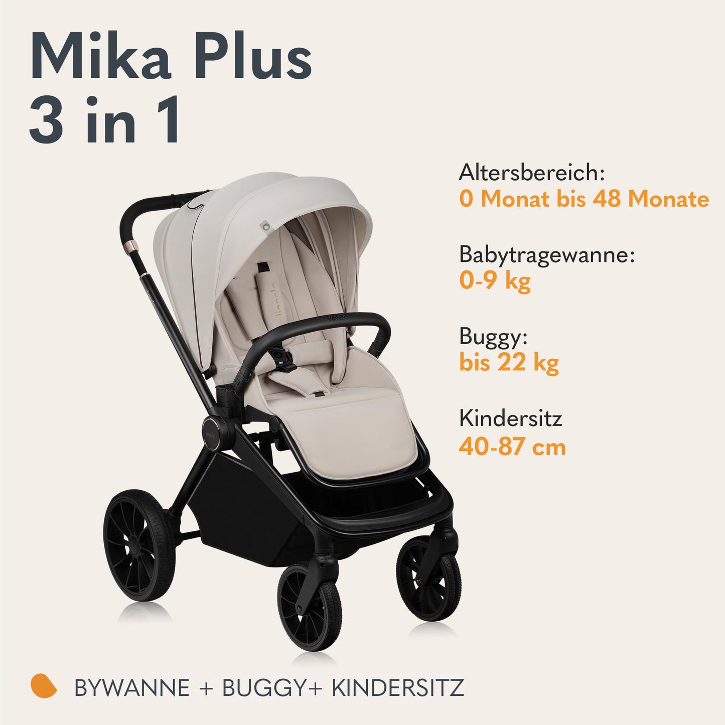 Lionelo Mika Plus 3-ühes lapsevanker (vanker, häll, turvahäll), Beige Sand