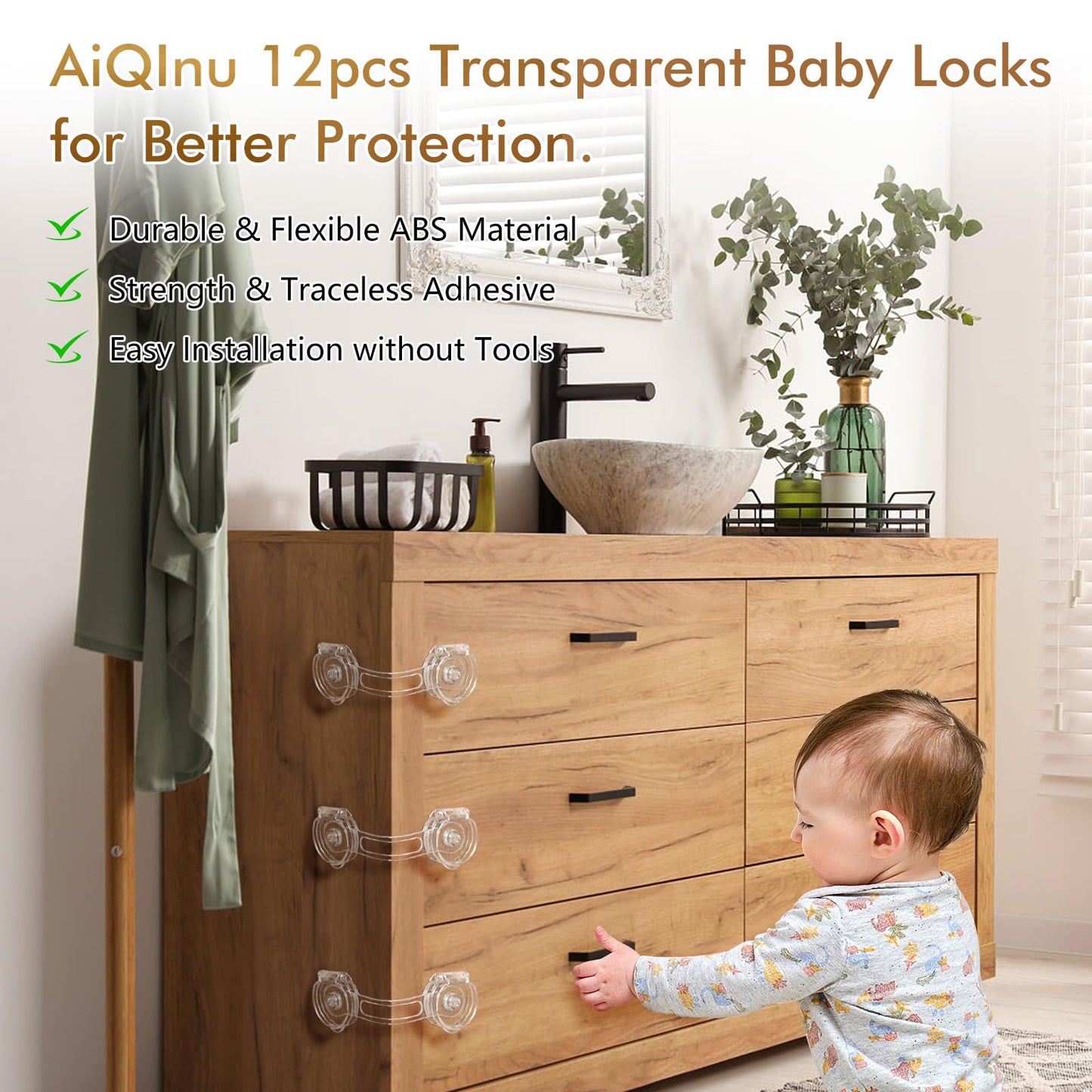 AiQInu child safety locks for cabinets and drawers, transparent, 9 pcs