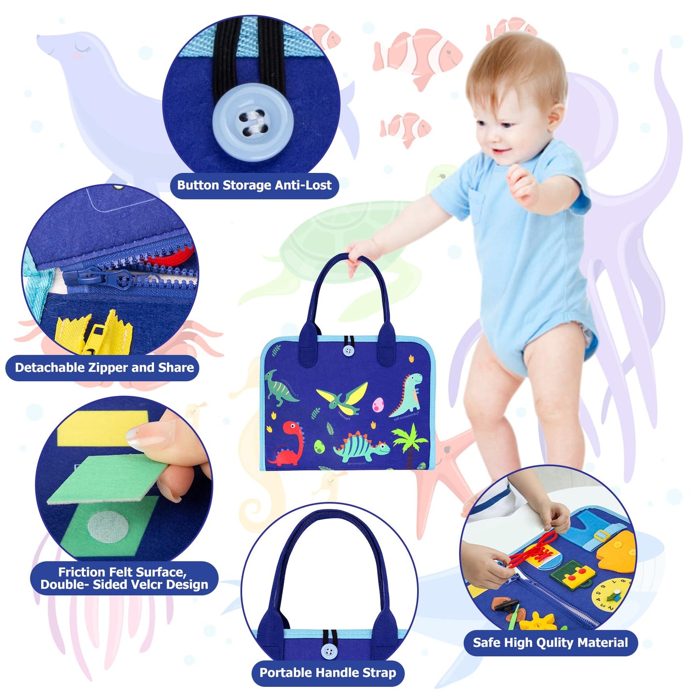 Montessori vildist Busy Board sensoorne kohver, 7 paneeli, 1–7 a lastele, sinine