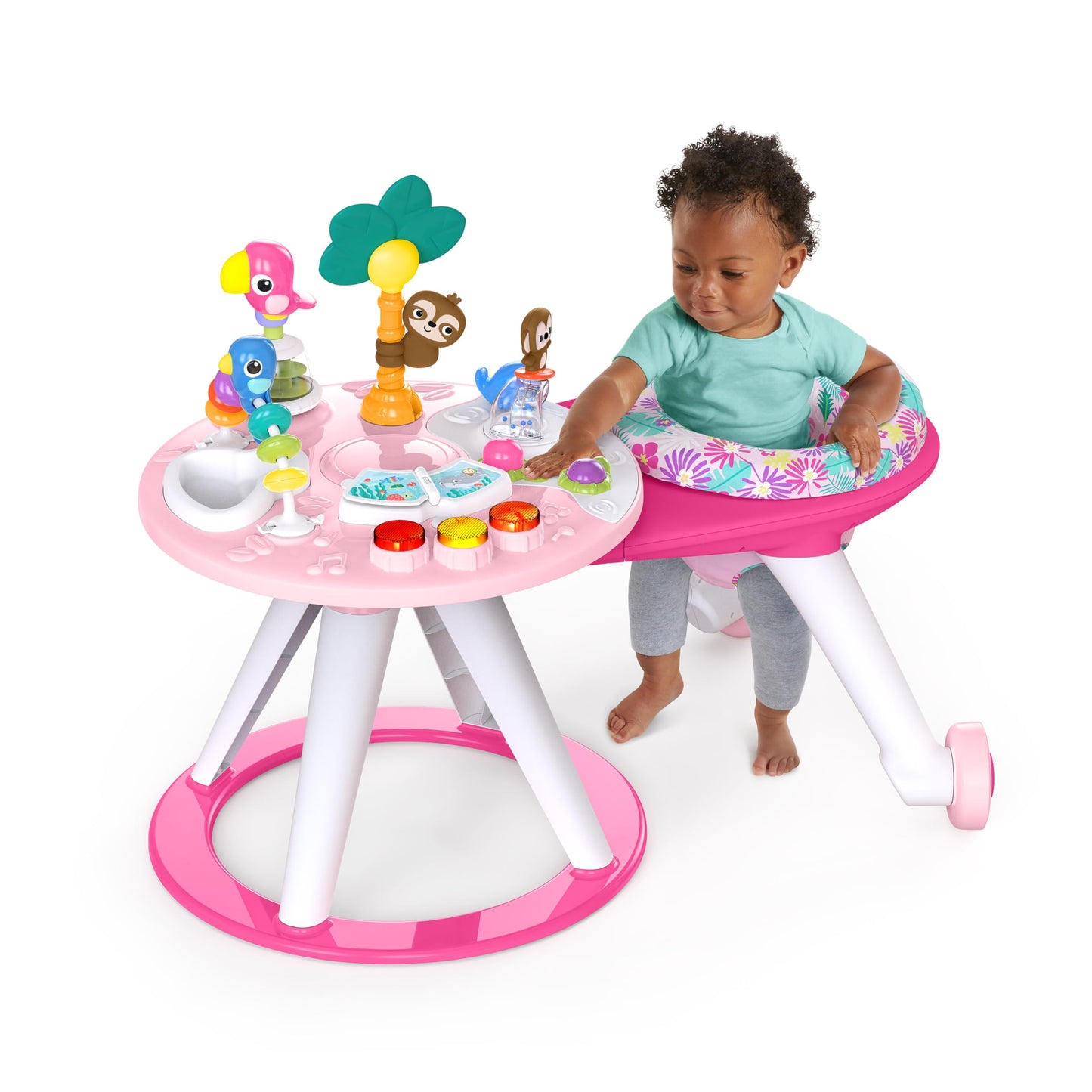 Bright Starts Around We Go Tropic Coral 2-in-1 play center and activity table, pink