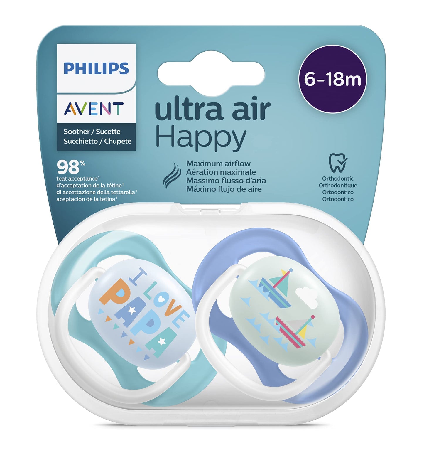 Philips Avent Ultra Air lutt, 6–18 kuud, ortodontiline, BPA-vaba, sinine/türkiis, 2 tk + steriliseerimis-/hoiukarp
