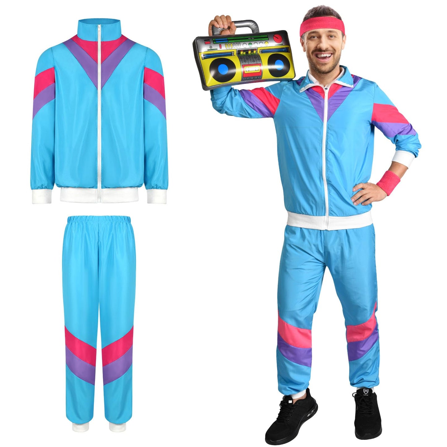 80ndate retro dressipluusi ja pükste kostüüm, unisex, sinine (S/M)