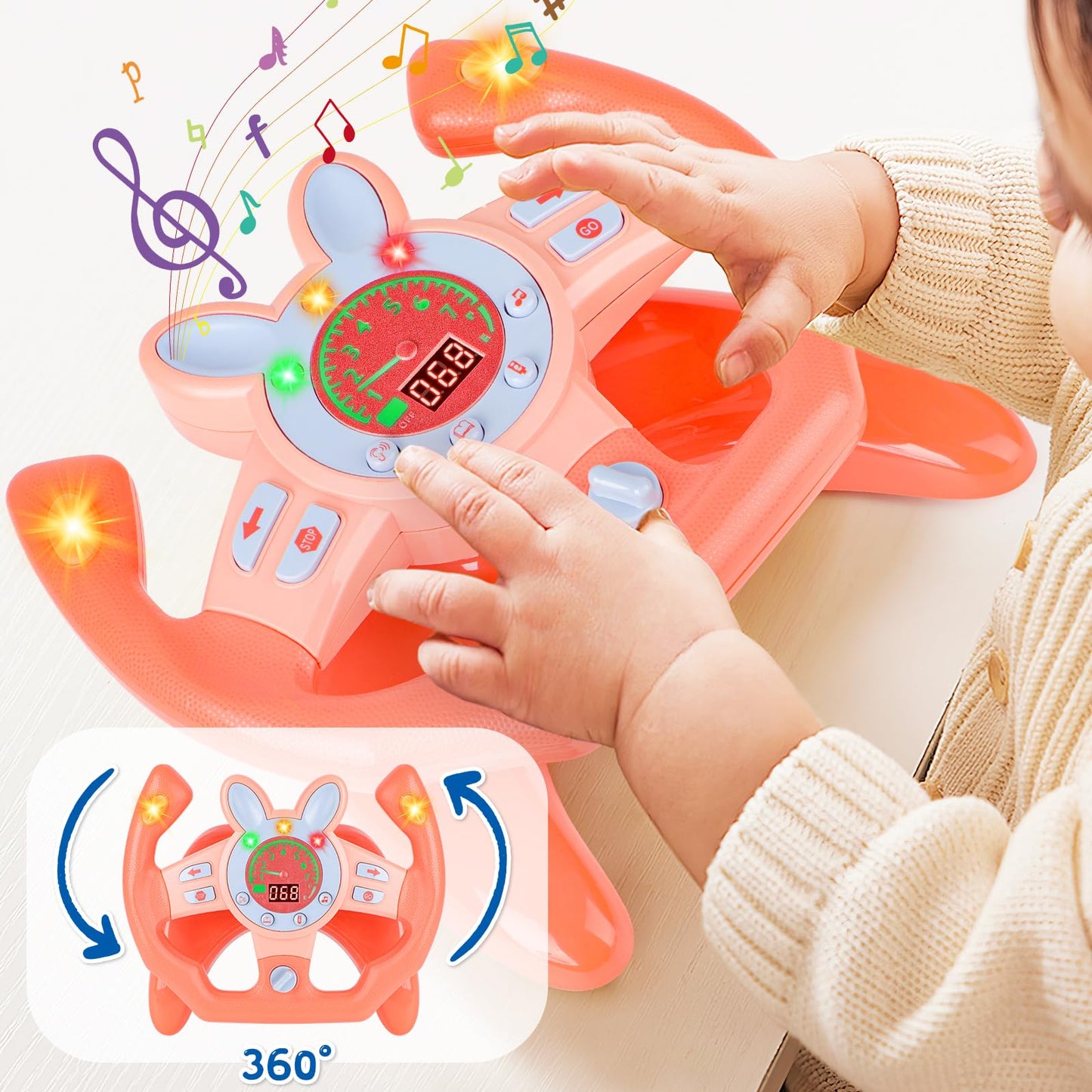 Interaktive children's driving simulator with sounds and lights, pink