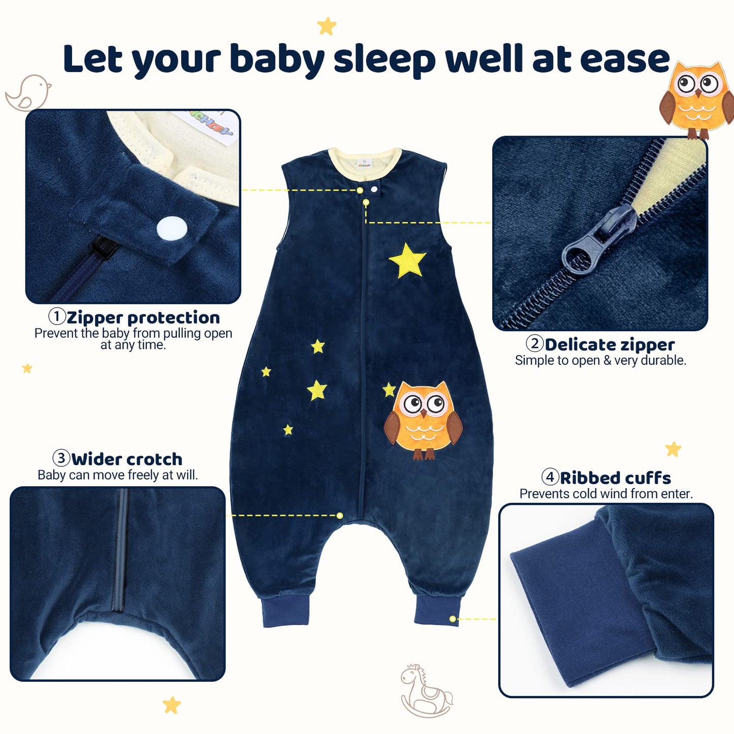 Vine sleeping bag with feet, TOG 1.5, 5-6 years, dark blue owl