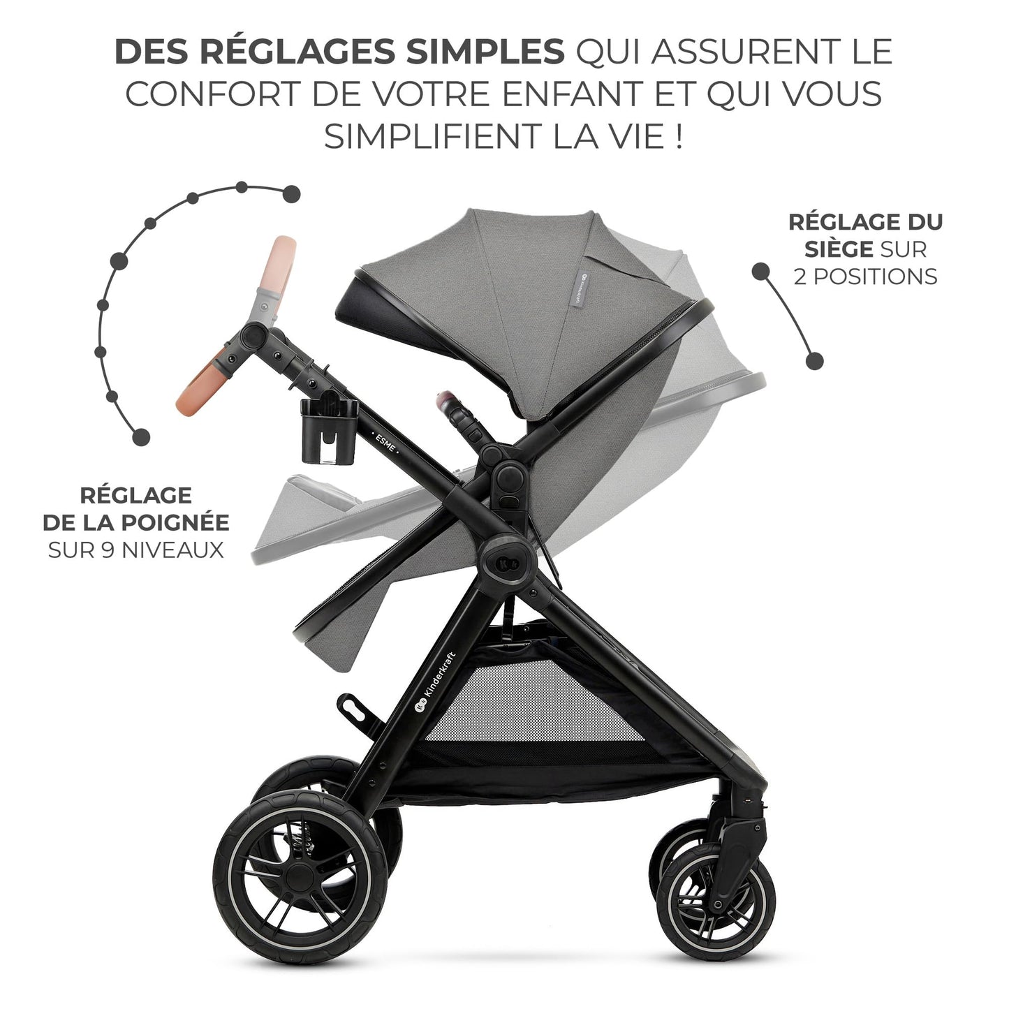 Kinderkraft ESME 3-in-1 vankrikomplekt kandekorvi, jalutuskäru ja i-Size turvahälliga, Moonlight Grey