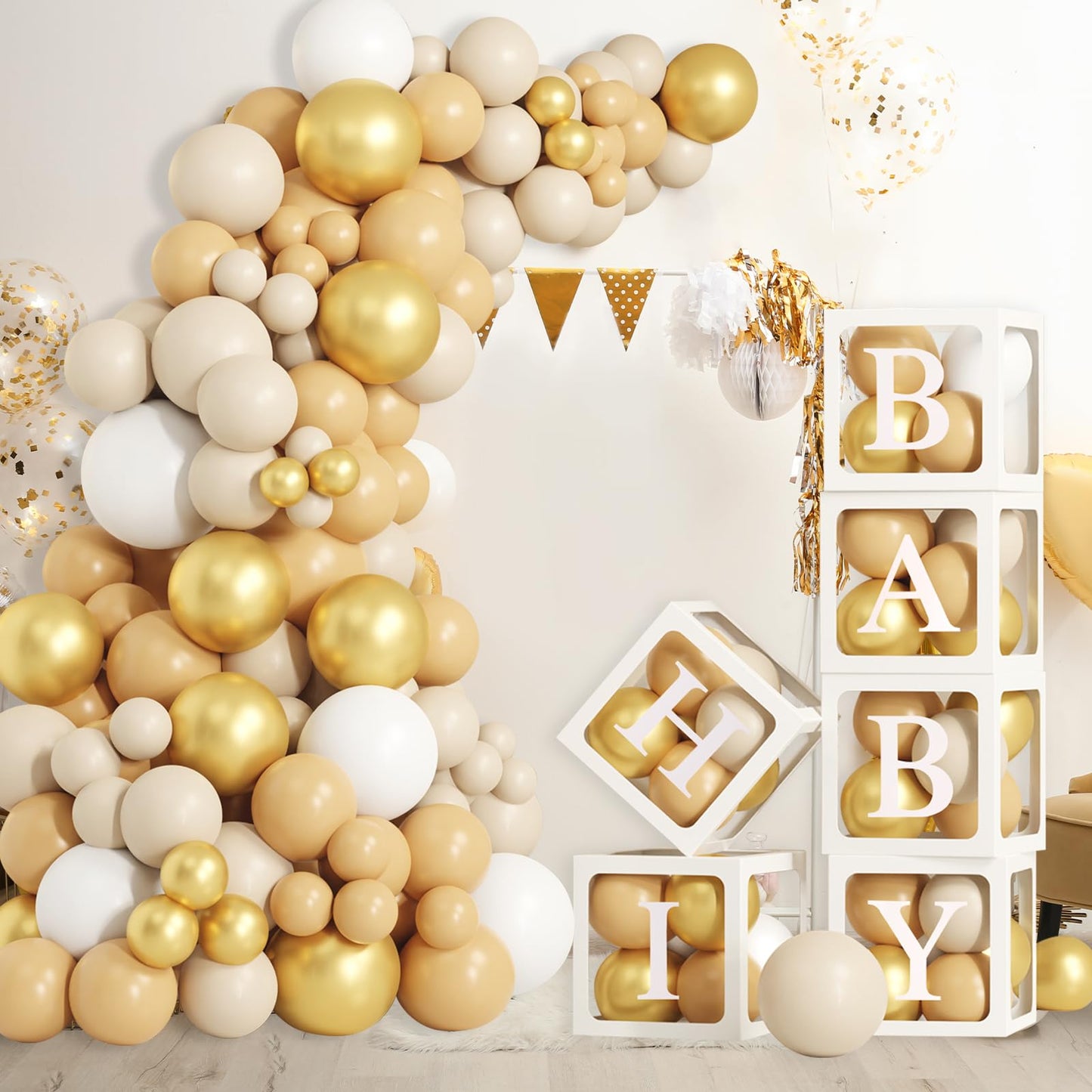 Peo dekoratsioonikomplekt – läbipaistvad õhupallikastid ja õhupallid, valge-kuldne (172 osa)