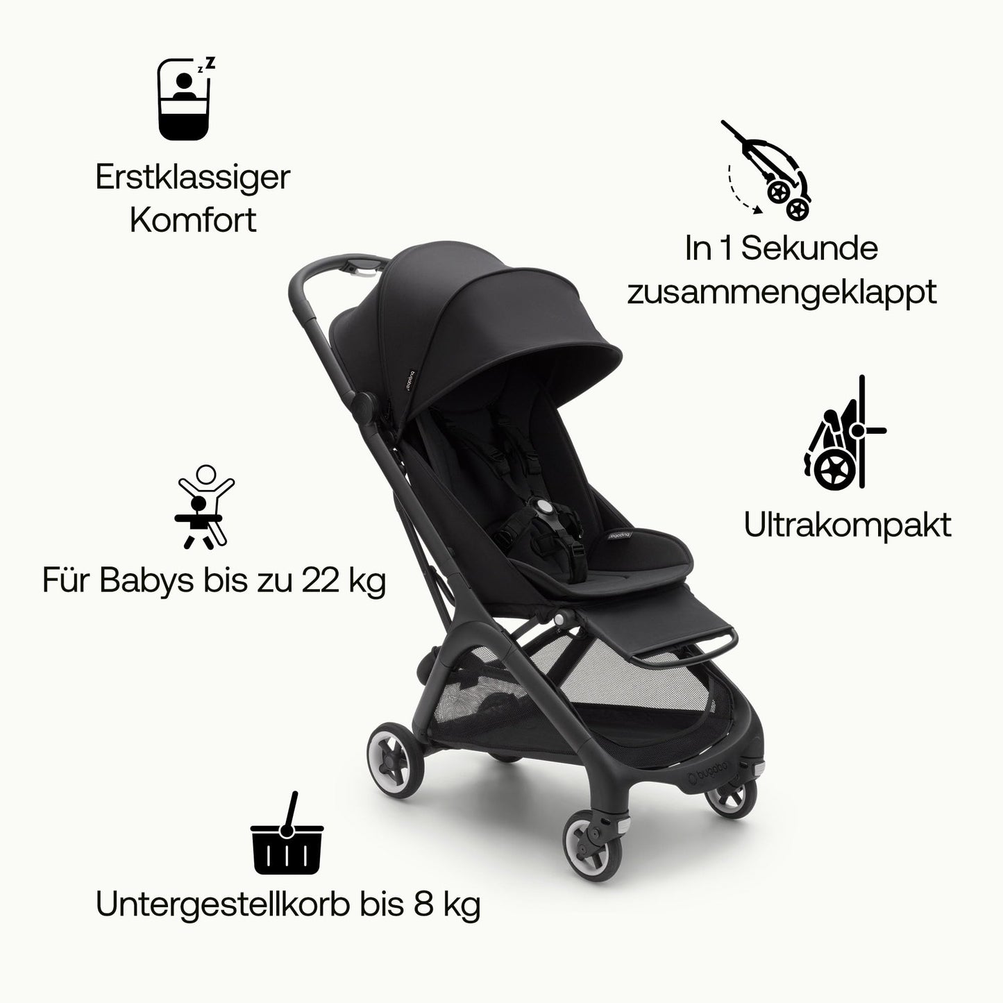 Bugaboo Butterfly ultrakompaktne jalutuskäru, koos kandekoti ja organisaatoriga (must)