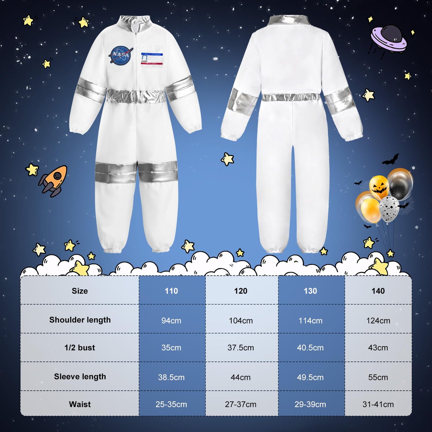 Laste astronaut costume with helmet and gloves, white, 130