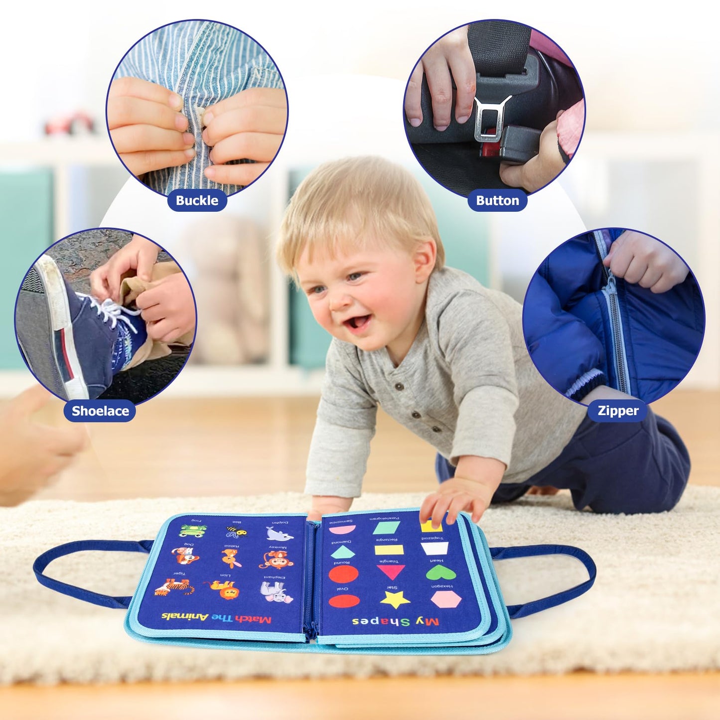 Montessori vildist Busy Board sensoorne kohver, 7 paneeli, 1–7 a lastele, sinine