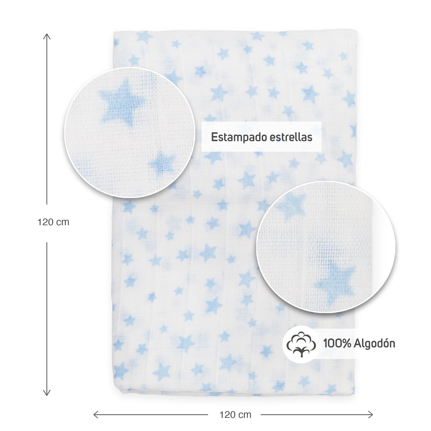 Ti TIN 100% puuvillane musliintekk, hallide tähtedega, 120×120 cm