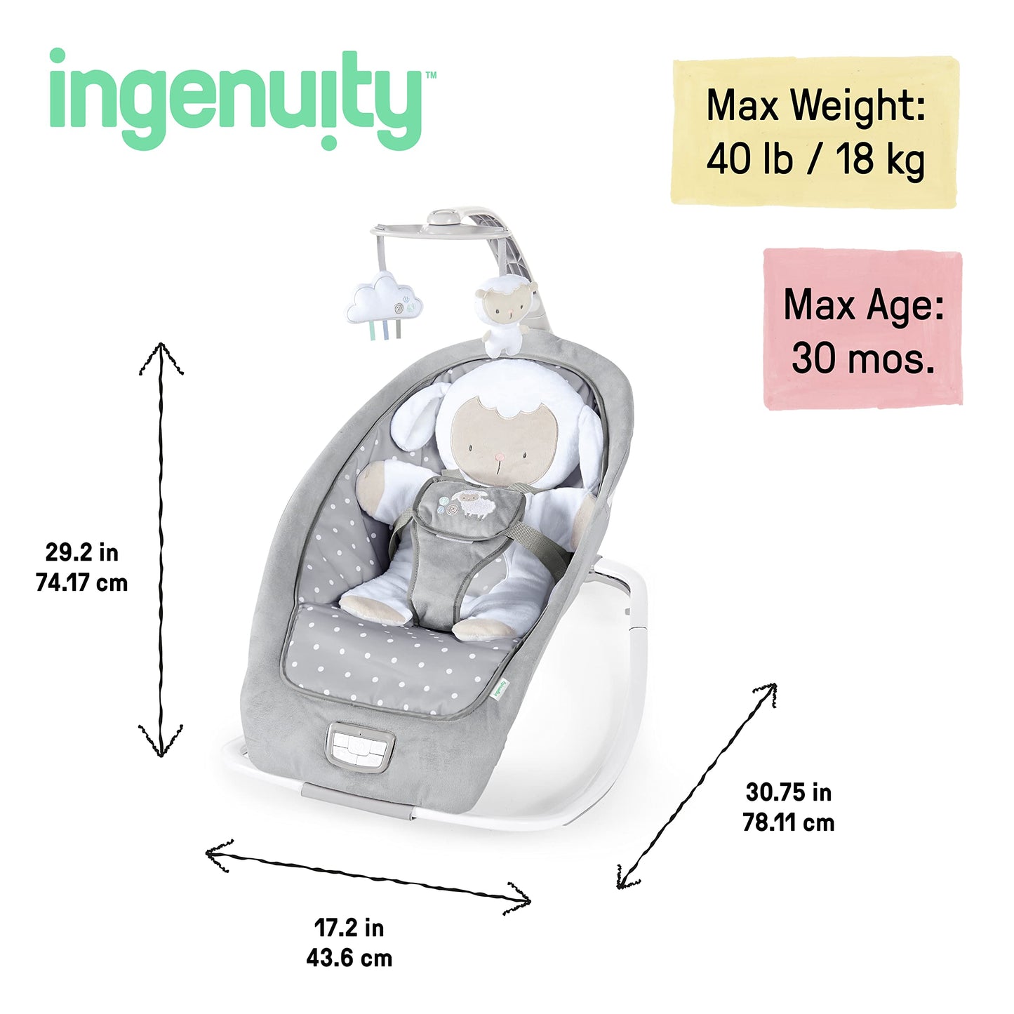 Ingenuity 2-in-1 Cuddle Lamb beebitool ja kiik 0–30 kuud