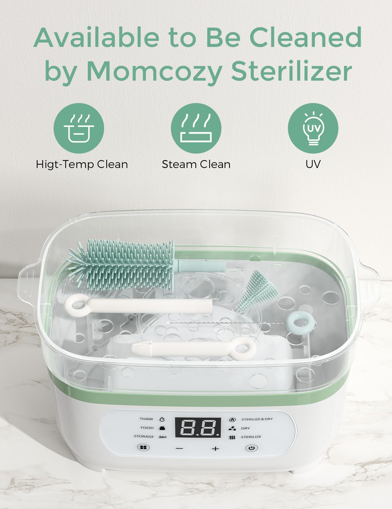 Momcozy 7-ühes beebipudelite puhastuskomplekt silikoonharjade ja kuivatusrestiga, roheline