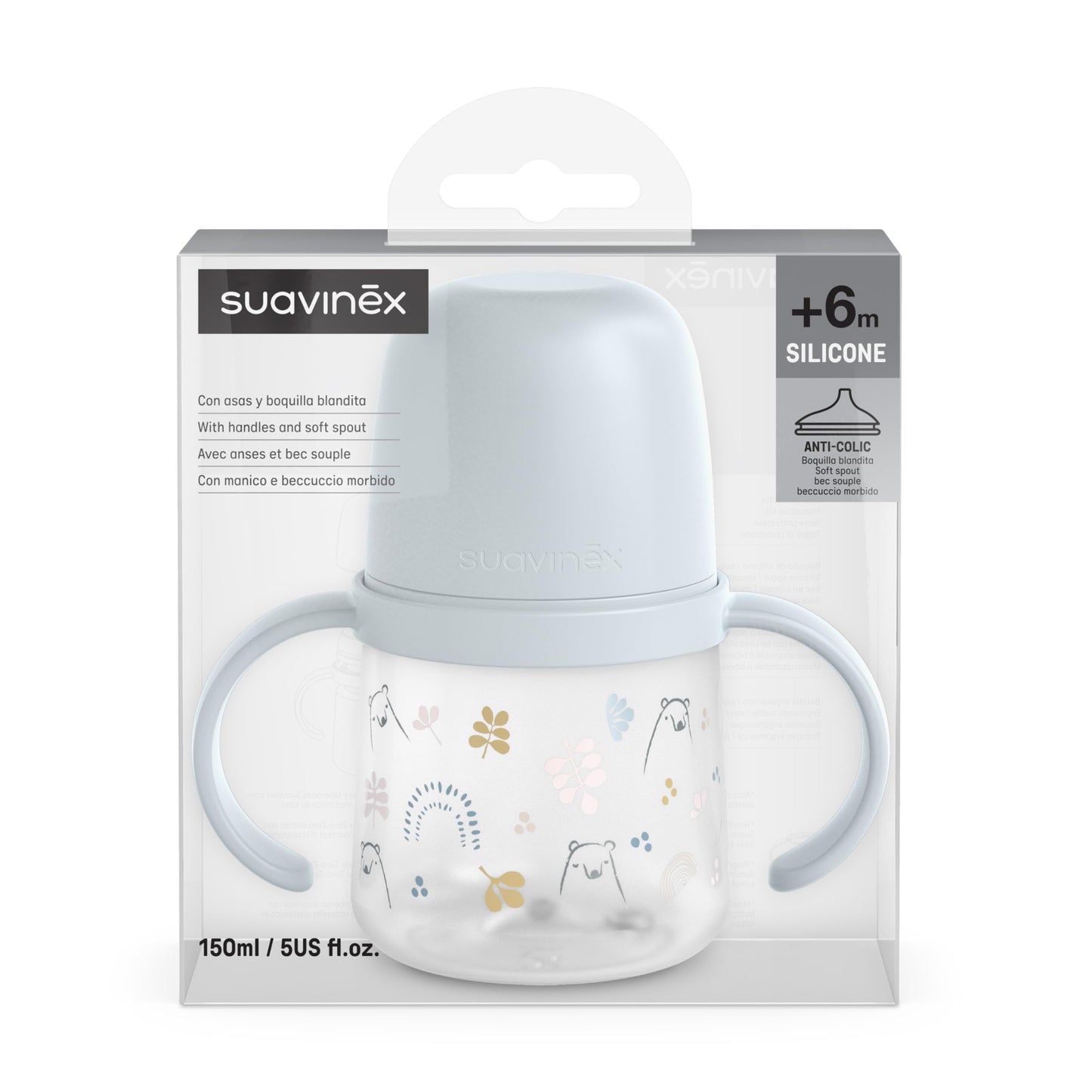 Suavinex õppimistops sangadega, pehme silikoonist joogitila, 150 ml, 6+ kuud, sinine (Bears)