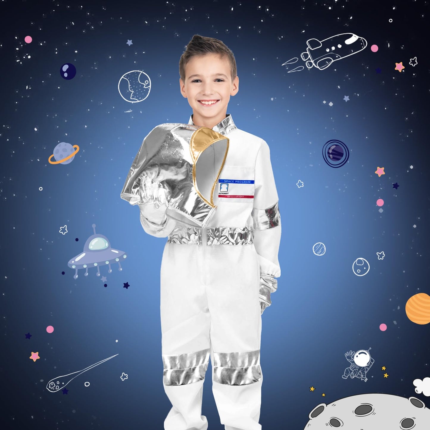 Laste astronaut costume with helmet and gloves, white, 130