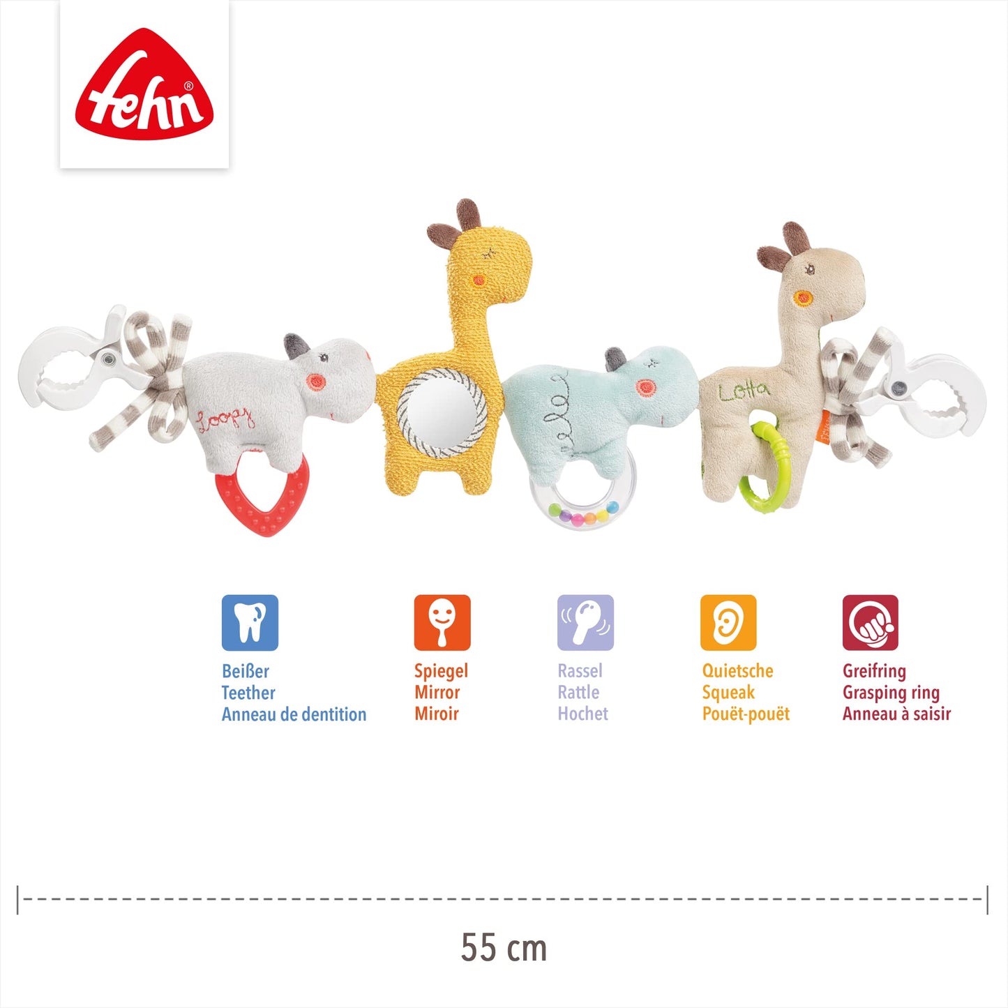 Fehn Loopy & Lotta värviline mängukett vankrile, 45 cm