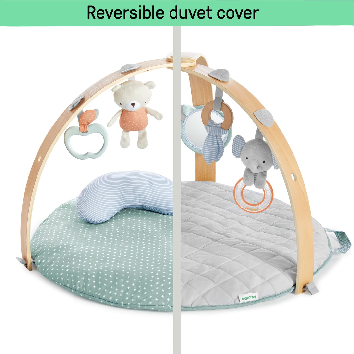 Ingenuity Cozy Spot pööratav tegevusmatt ja mängukaar puidust riputuslatiga, Loamy