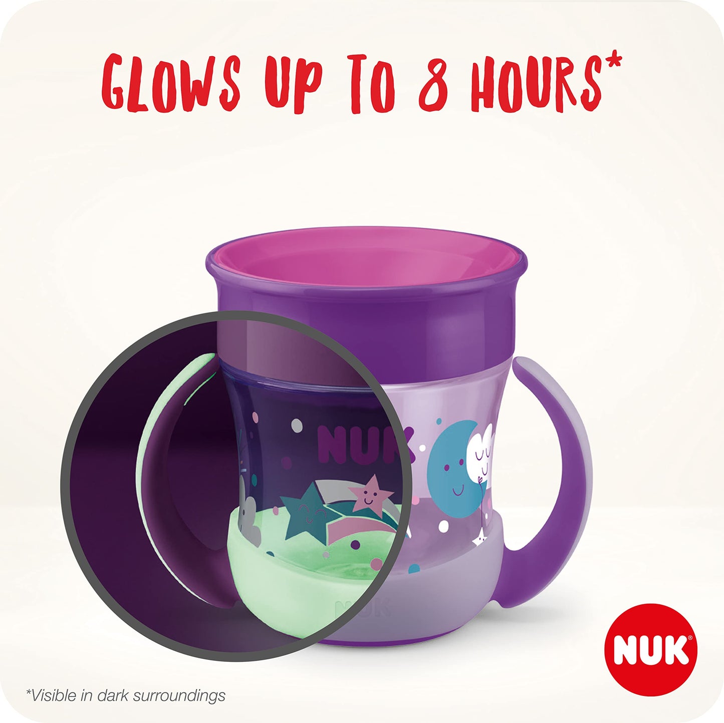 NUK Mini Magic Cup Night joogitops 160 ml (2 tk) – roosa/roheline, helendab pimedas