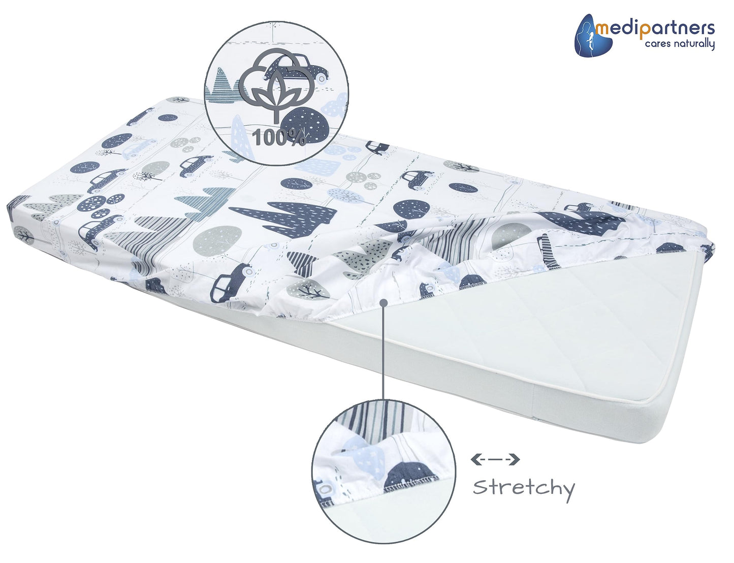Medi Partners 3-osaline beebivoodi lina komplekt, 60 × 120 cm, 100% puuvill