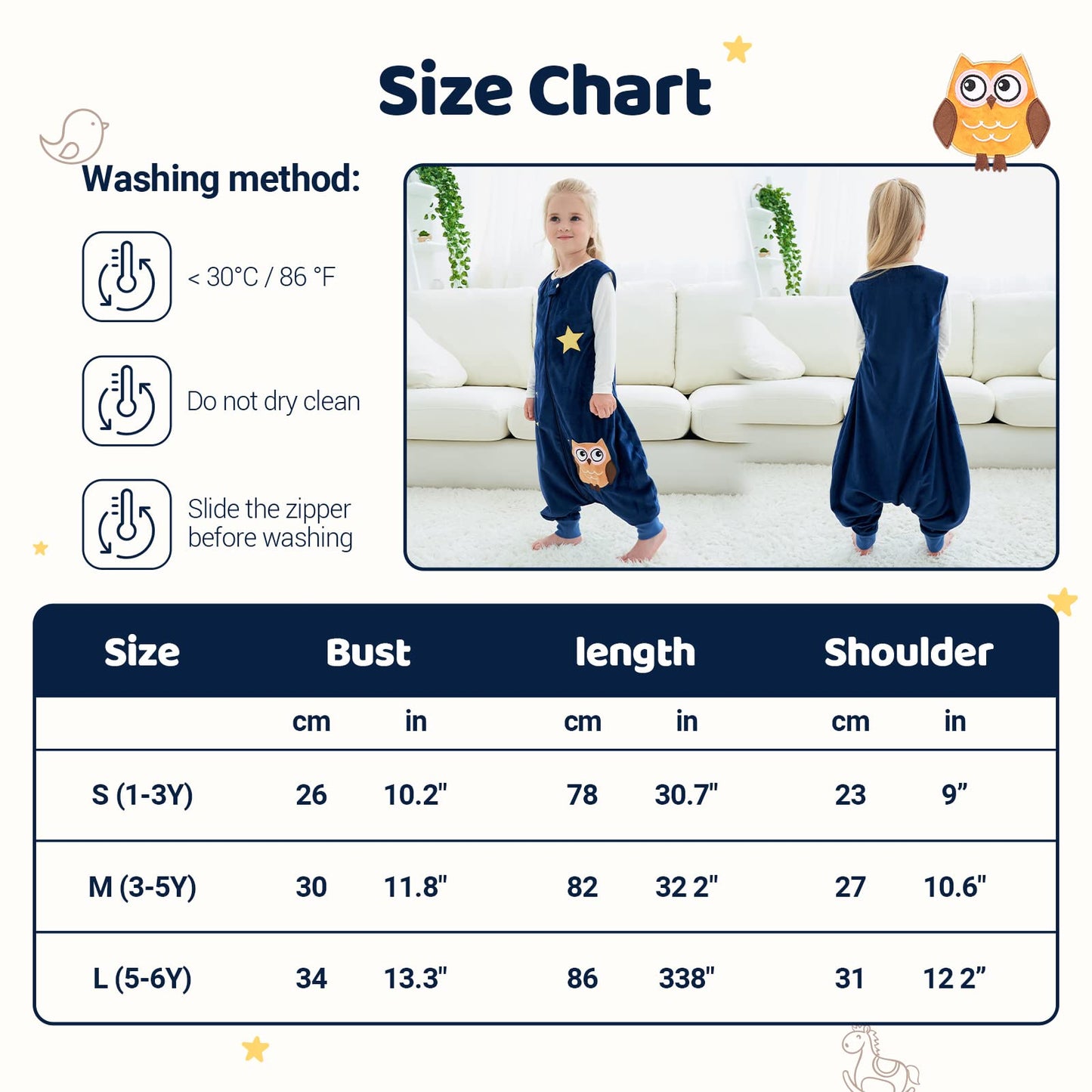 Vine sleeping bag with feet, TOG 1.5, 5-6 years, dark blue owl