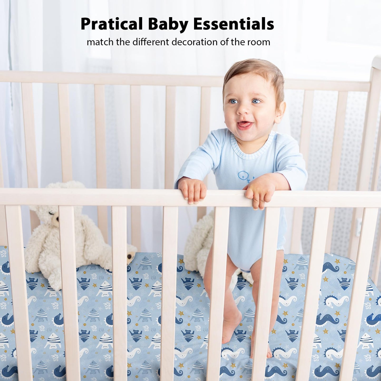 Yoofoss 2-osaline beebivoodi aluslinade komplekt, 70 × 140 cm, sinine merihobukeste mustriga