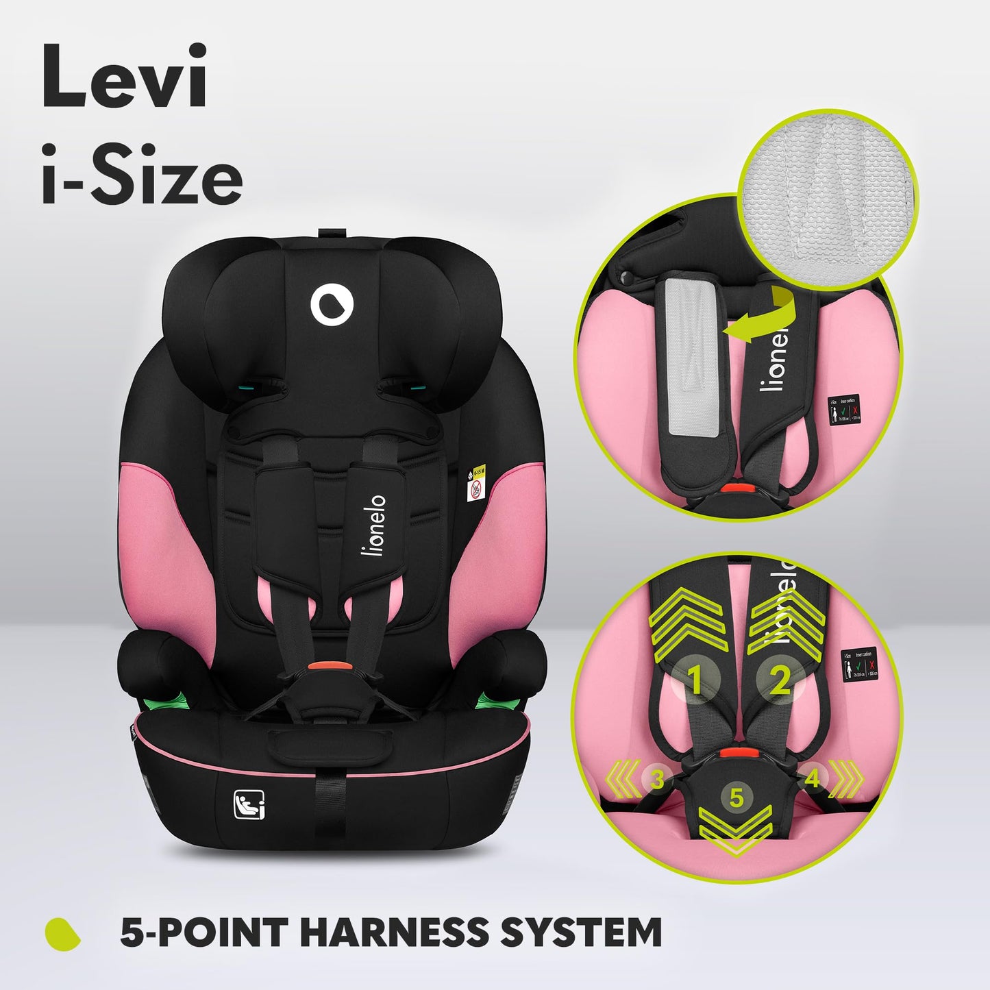 Lionelo LEVI i-Size turvatool, 9–36 kg, roosa