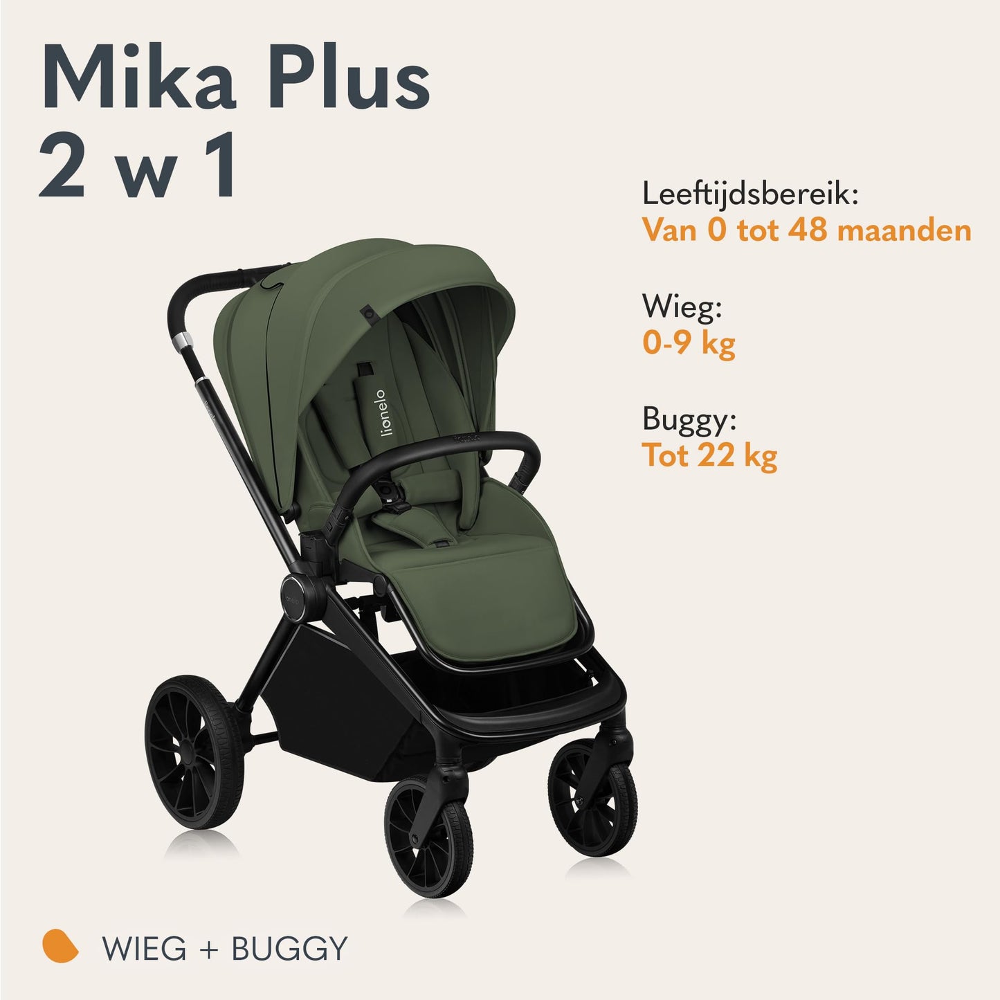 Lionelo Mika Plus 2-ühes lapsevanker (beebihäll ja jalutuskäru), Green olive